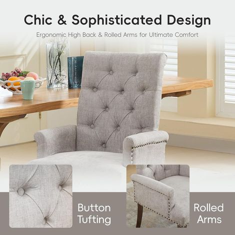 Lot de 2 chaises de salle à manger – Tissu chenille beige, pieds incurvés bois massif, accoudoirs, détails de boutons – Confort raffiné pour vos repas (1/5)