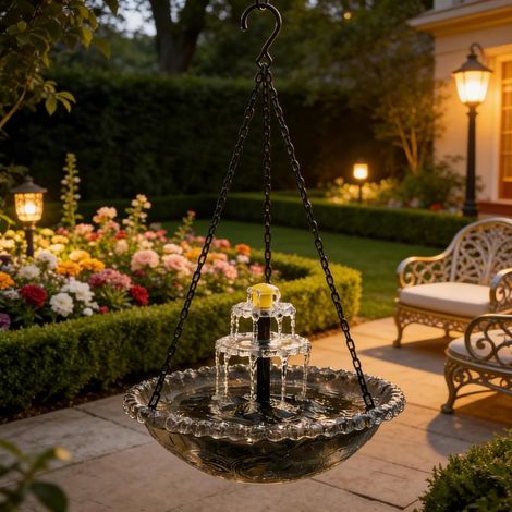 Abreuvoir suspendu pour oiseaux avec cascade de fontaine solaire, abreuvoir suspendu pour colibris avec pompe solaire, eau suspendue, attire les colibris et les oiseaux sauvages - Décoration de jardin (1/5)