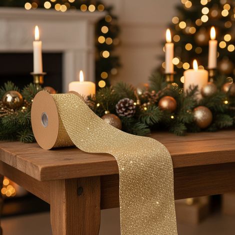 Nastro decorativo con perline dorate brillanti per decorazioni natalizie da 25 mm x 10 mt (1/3)