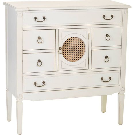 commode blanche ancienne avec porte à grille et six tiroirs - blanc antique avec détails bronze (1/5)