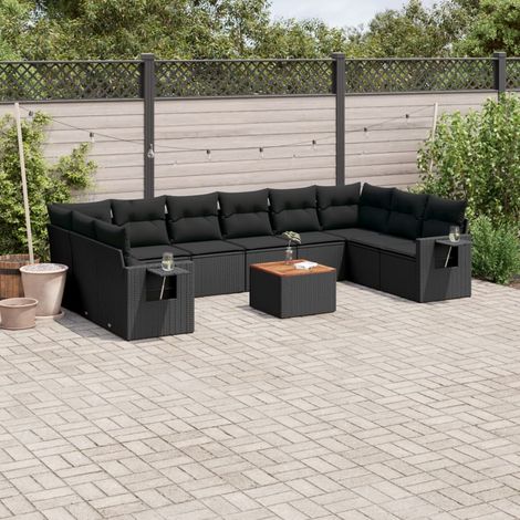 Salon de Jardin Modulaire 11 Pcs en Résine Tressée Noir avec Coussins et Plateau Acacia - PANGIVO (1/5)