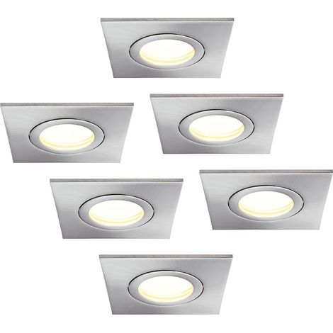 Lot de 6 spots LED encastrables Ultra plats IP44 Blanc chaud 3000K 230V Spots ronds et cadres carrés - Pour la salle de bain et les pièces humides En nickel brossé Angle d'éclairage de 120°