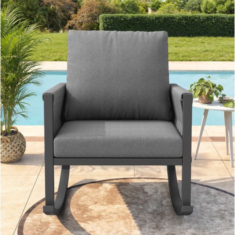 Chaise longue d'extérieur à bascule en fer gris avec accoudoirs en corde tressée, coussins confortables, 65 x 79 x 78 cm (1/5)