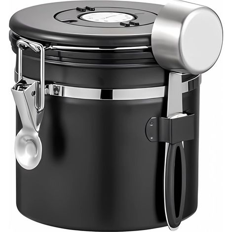 Contenitore per caffè - Barattolo per caffè - Contenitore ermetico - 1200 ml - Acciaio inossidabile - Nero - Con cucchiaio dosatore e rotella per la data - Per tè, farina, zucchero e chicchi di caffè (1/4)