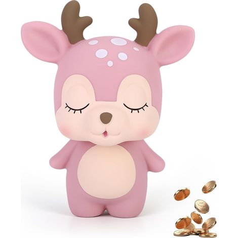 Tirelire pour filles, tirelire pour enfants - Mignon cerf - Tirelire en plastique rose pour décoration de chambre à coucher, salon, table, maison (1/5)