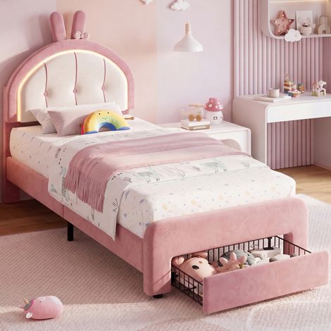 Lit Enfant 90x200 cm avec Tête de Lit Lapin, Éclairage LED RGB Connecté, Tiroir de Rangement sur Roulettes, Lit Capitonnée Fille avec Sommier à Lattes - Velours - Rose (1/5)