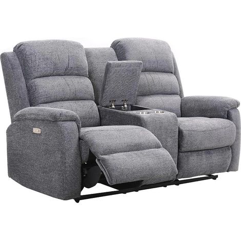 Vente-Unique – Canapé 2 places relax électrique – Dossier inclinable – Tablette avec porte-verres – Tissu 100% polyester gris – Longueur 171 cm