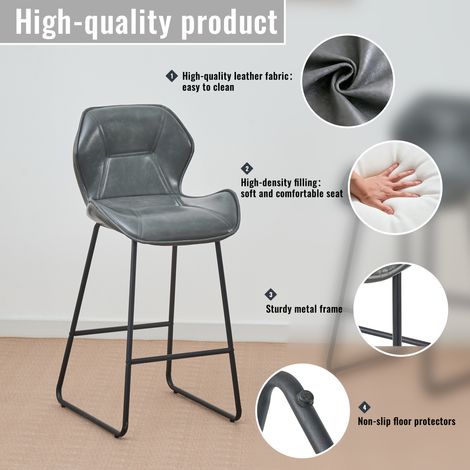 Set de 2 Tabourets de Bar en Cuir Synthétique Gris, Chaises Hautes Modernes avec Dossier, Piètement en Métal et Repose-Pieds, pour Cuisine, Comptoir, Bar à Domicile et Salle à Manger (1/5)