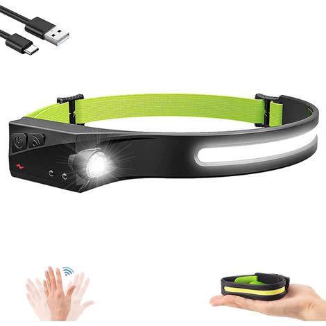 Lampe frontale LED rechargeable à détection de mouvement, éclairage 230° panoramique, 350 lumens ultra-lumineux, 5 modes, torche frontale pour camping, randonnée, vélo et pêche (1/5)