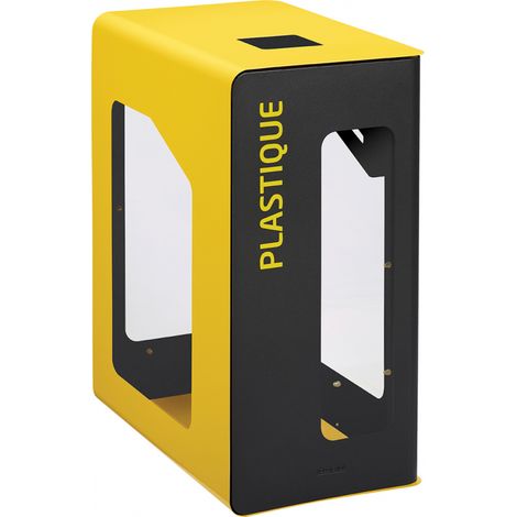 Borne de tri sélectif Cubatri Vigipirate, sans serrure - plastique - 90l - gris manganèse / jaune colza - RAL 1021 (1/3)
