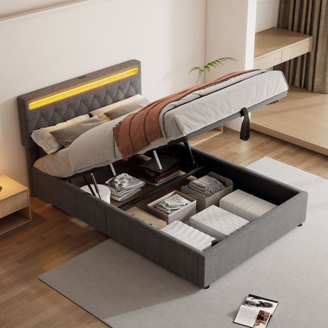 Letto matrimoniale contenitore idraulico con LED USB OKMYHOME