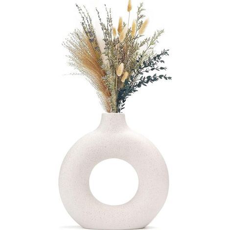 Vase Decoratif en Ceramique Blanc Mat, Design Donut Moderne, Vase Rond pour Fleurs Seches ou Artificielles, Decoration Interieur Salon Chambre Bureau Mariage, Taille M 18x19cm (1/4)