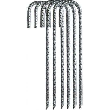 Piquets d'armature galvanisés de 30 cm, crochets en J, lot de 6, ancrages au sol pour tente, robustes, pour plantes, toile de paillage antirouille, gazon artificiel (1/5)