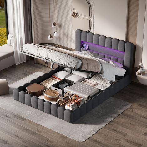 Lit coffre 180x200 cm pour chambre adulte - Lit double capitonné avec rangement en tête de lit, LED et ports USB/Type-C - Lin - Gris