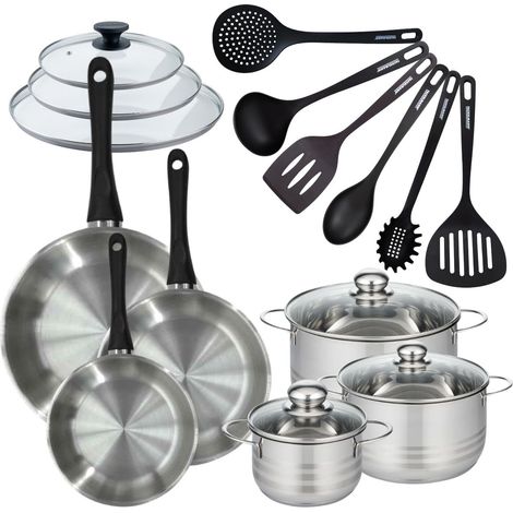 Set de 3 poêles 20 24 28 cm en inox, couvercles verres, 3 faitouts inox 16, 20 et 24 cm et 6 ustensiles RPET Fackelmann Geneva (1/5)