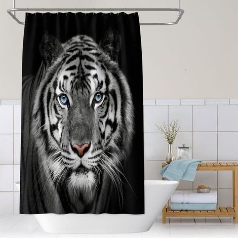 Rideau de douche Tête de tigre blanc anneaux inclus 3D effect imperméable 180 x 200 cm