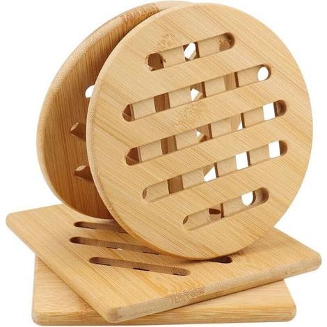Juego de 4 salvamanteles de bambú, resistentes al calor, de madera natural, para teteras, cuencos y platos - 15 cm (1/4)