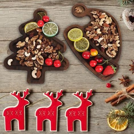 1 plateau arbre de Noël, en bois naturel, assiette à fruits et desserts, 28,3x20,5 cm, idéal pour table festive ou salon (1/4)