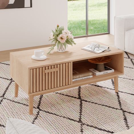 Table basse scandinave - Table de salon - Tiroir de rangement - porte à lattes et étagère ouverte - salon minimaliste - bois clair (1/5)