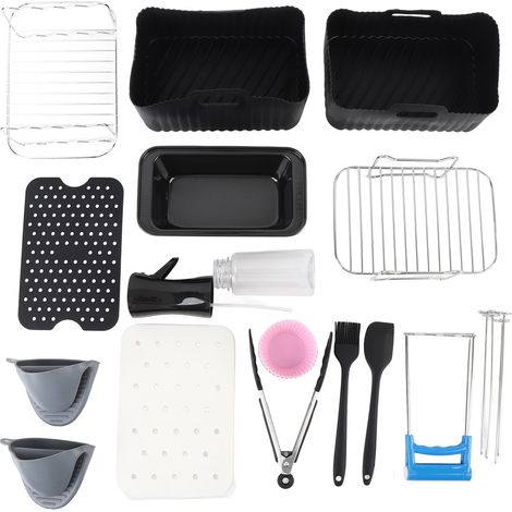 Kit 24 accessoires friteuse acier inoxydable silicone avec 1 sac papier cuisson : grille de cuisson avec brochettes pinceau silicone pince à aliments moule à gâteau plaque inox facile à nettoyer (1/5)