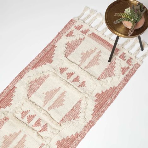 HOMESCAPES Tapis de couloir Kilim en laine rose Satara, 66 x 200 cm
