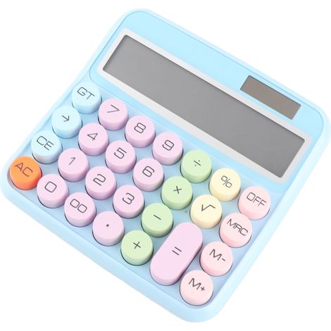 Ortviai Calculatrice mécanique 12 chiffres avec écran LCD incliné à 15°, piles AAA + panneau solaire, boutons ronds, couleur bleue