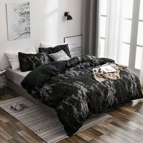 3-teiliges Bettwäscheset aus marmoriertem Polyester, Bettbezug und Kissenbezug, EU-Doppelgröße (Schwarz) (1/5)