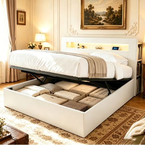 DESVIAE Lit coffre en bois avec rangement hydraulique tête de lit avec étagères LED prises intégrées 180 x 200 cm blanc (1/5)