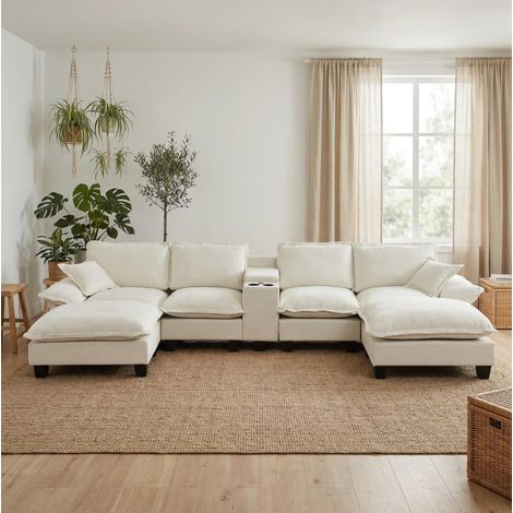 Canapé modular en U de chenilla beige 362x151x90 cm con almacenaje, portabebidas y USB (1/5)