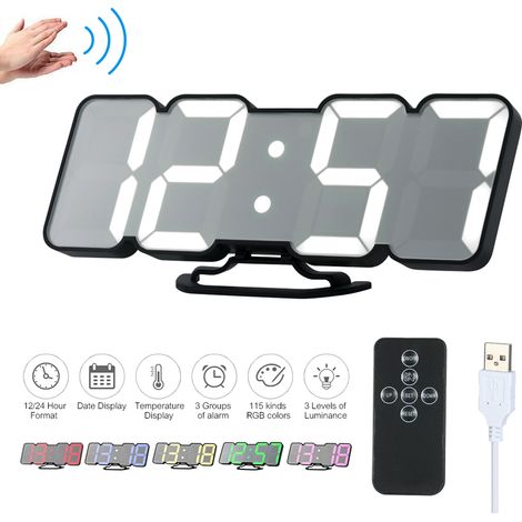 3D-Digitalwecker mit Funkfernbedienung, RGB-LED-Beleuchtung, USB-Anschluss, Anzeige von Uhrzeit, Temperatur und Datum, 115 Farben, 3 Helligkeitsstufen, Soundsteuerung, Wand- und Tischuhr – Schwarz (1/5)