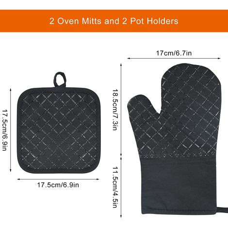 Set di 4 guanti da forno e presine, guanti da forno resistenti al calore fino a 300°C, guanti da forno antiscivolo, guanti da forno, guanti da cucina, guanti da cucina (neri) (1/4)