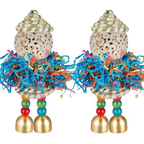 Set di 2 giocattoli da appendere per uccelli con campanellino per piccoli pappagalli, cocorite, calopsitte, conuri, inseparabili e parrocchetti (Cappello da ragazza grande) (Cappelli naturali) (1/5)