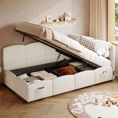 Lit coffre enfant 90x200 cm, lit simple rembourré, port USB, 2 sacs de rangement, sommier à lattes, sans matelas, Imitation laine, beige (1/5)