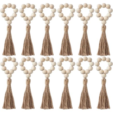 Juego de 12 servilleteros con borlas de cuentas de madera marrón, flexibles para la decoración de mesas de boda.