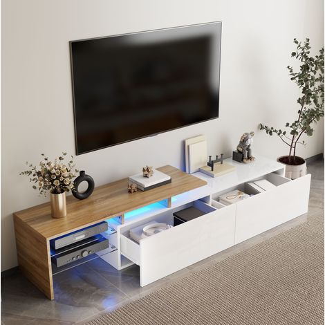 Meuble TV 170 cm blanc et bois – Éclairage LED 16 couleurs – 2 tiroirs et Rangement avec étagères en verre – 170×33×33.5cm (1/5)