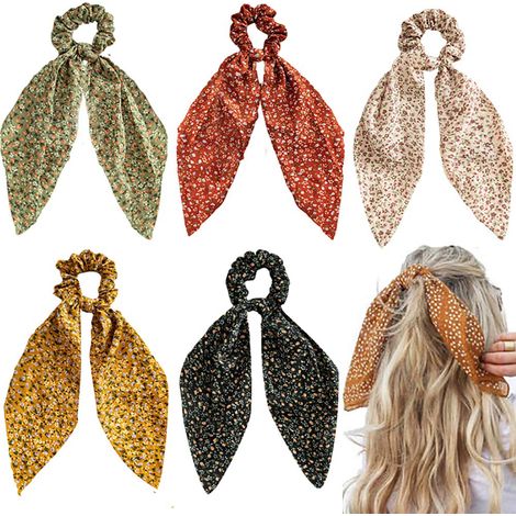 Foulard Capillaire Floral - Bandeau Cheveux en Chiffon avec Nœud Ruban - Pour Femme et Filles - Lot de 5