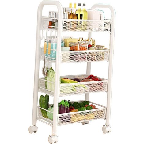 Chariot de rangement à roulettes, étagères de rangement à plusieurs niveaux, paniers à légumes et collations multifonctionnels et mobiles, étagères de cuisine blanches à quatre niveaux (1/5)