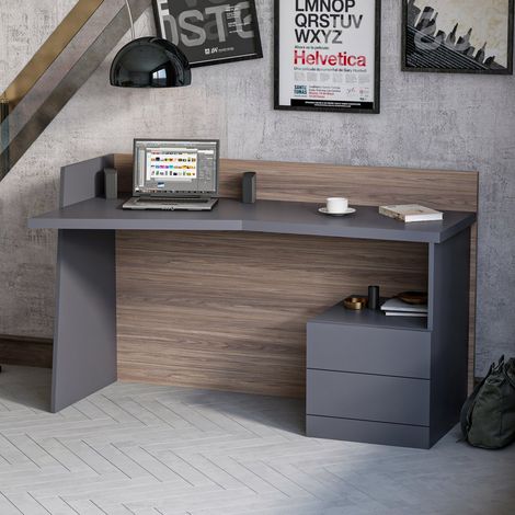Mesa de escritorio con estantería Duplo Blanco Artik (Blanco Mate) - Gris Grafito Mesa:120cm/Estantería:25cm (ancho) x Mesa:71cm/Estantería:144cm (alto)