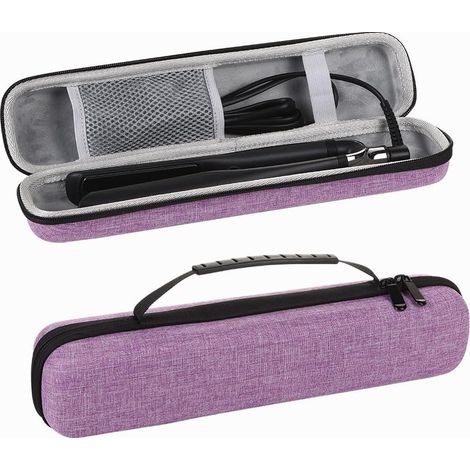 Piastra per capelli rigida portatile con custodia da viaggio, arricciacapelli e manico viola. (1/3)