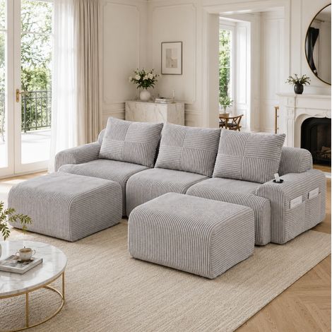 REDOM - Divano modulare 268x174x80 cm, 3 posti, portabicchieri, tasca laterale, corduroy, grigio chiaro (1/5)