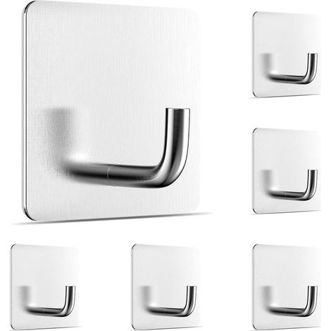 6 Pièces Crochets Adhesifs Acier Inox, Crochet Mural Sans Percer, Crochet Kit pour Accroche Salle deBain, Cuisine, Plafond, Accrocher, Mural, Porte, Peignoirs, Porte Serviette (Argent) (1/5)