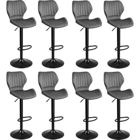 Lot de 8 Tabouret de Bar en Velours, Réglables en Hauteur, Pivotant à 360°avec Dossier et Repose-Pieds, Gris Foncé (1/5)