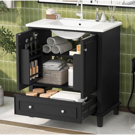 Mobile lavabo moderno con lavabo integrato in ceramica, MDF laccato bianco, 2 ante, 1 cassetto, 73x45x87 cm (1/5)