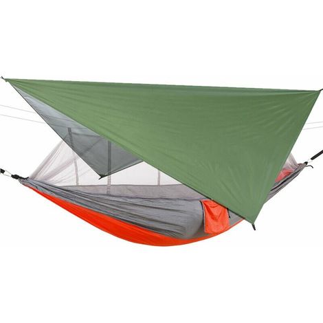 Ensemble Hamac Moustiquaire, Avec Auvent Etanche, Hamac Balancoire De Camping En Plein Air, Moustiquaire Grise Et Orange + Auvent Vert Armee (1/5)