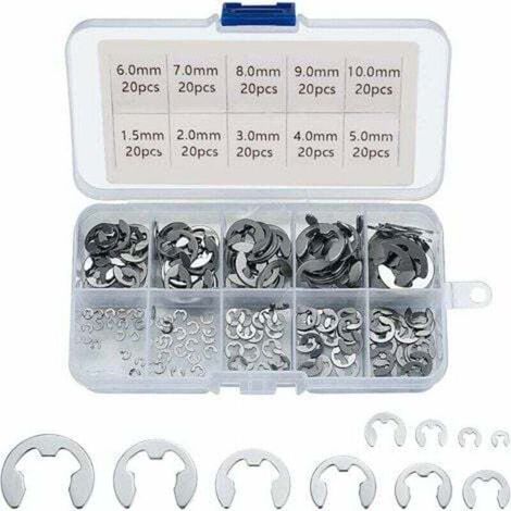 E-Clip-Ringe, Edelstahl 304, Außensicherungsringe, Sortiment an Sicherungsringen in den Größen 1,5/2/3/4/5/6/7/8/9/10 mm, verschiedene Anwendungen, 200 Stück