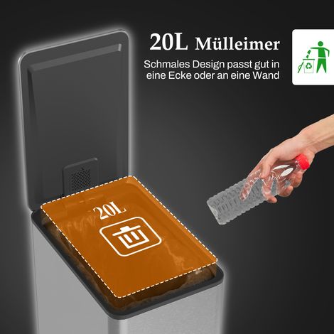 Poubelle 20 L avec couvercle à amortissement silencieux, filtre désodorisant intégré, revêtement anti-empreintes, inox argenté (1/4)