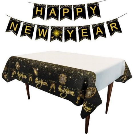 Tischdecke & Banner 2025 Neujahr Schwarz Gold für Silvester Party Deko