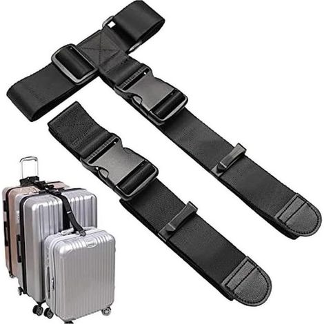 Lot de 2 sangles à bagages réglables type T, nylon noir, pour valises 20-32 pouces (1/5)