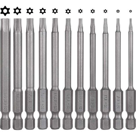 Lot de 11 embouts de tournevis - 75 mm - En acier S2 - Magnétique - 6 pans - T6 T7 T8 T9 T10 T15 T20 T25 T27 T30 T40 - Embouts électriques pour vis profilées en T (1/4)