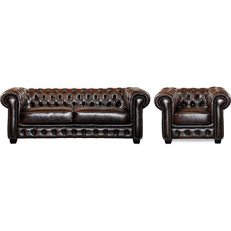 Canapé chesterfield 3 places et un fauteuil BRENTON 100% cuir de buffle - Marron reflets châtains (1/4)